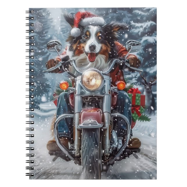 Cuaderno Pastor Australiano Montando Motocicleta Navidad (Frente)