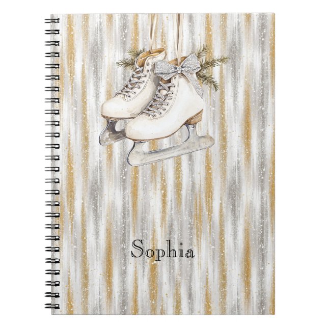 Cuaderno Patines de hielo blancos con rayas doradas y plate (Frente)