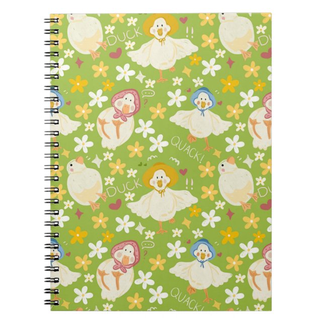Cuaderno Pato verde lindo y patrón continuo de flor de marg (Frente)