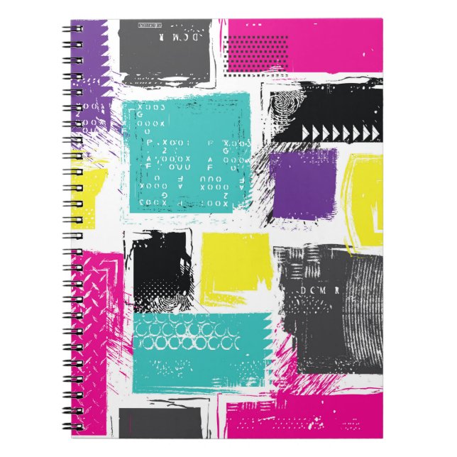 Cuaderno Patrón abstracto de cuadrados retro de neón (Frente)