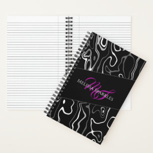 Cuaderno Patrón abstracto de damasco blanco negro Monograma