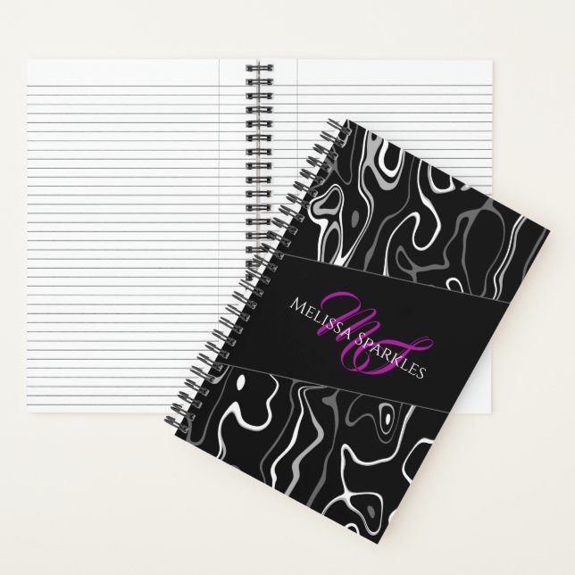Cuaderno Patrón abstracto de damasco blanco negro Monograma (Interior)