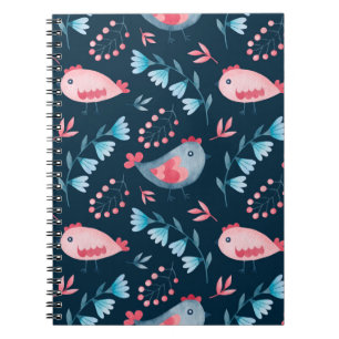 Cuaderno Patrón acuarela transparente de pollos flores en