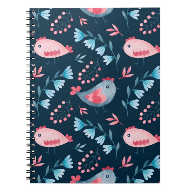 Cuaderno Patrón acuarela transparente de pollos flores en (Frente)