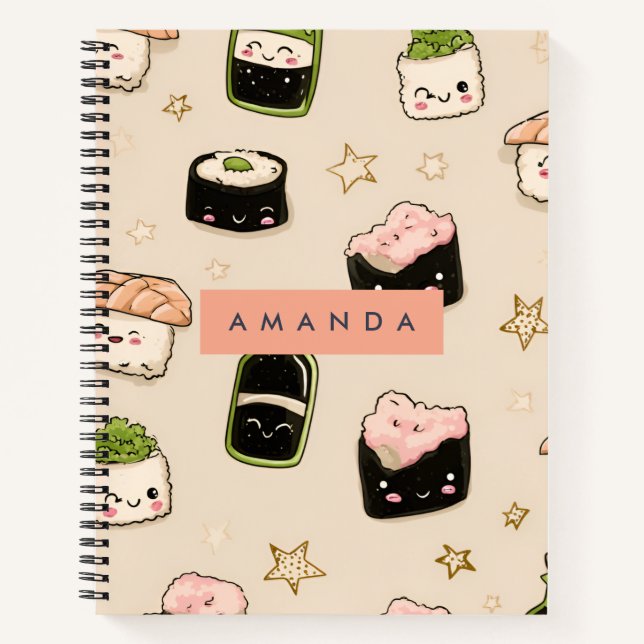 Cuaderno Patrón Adorable Personalizado de Sushi y Salsa de  (Anverso)