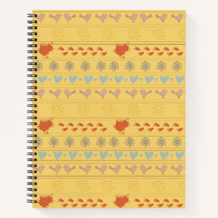 Cuaderno patrón amarillo de aves, puntos, pasos, flores,