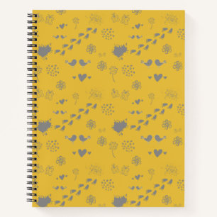 Cuaderno patrón amarillo y gris de aves, puntos, pasos,