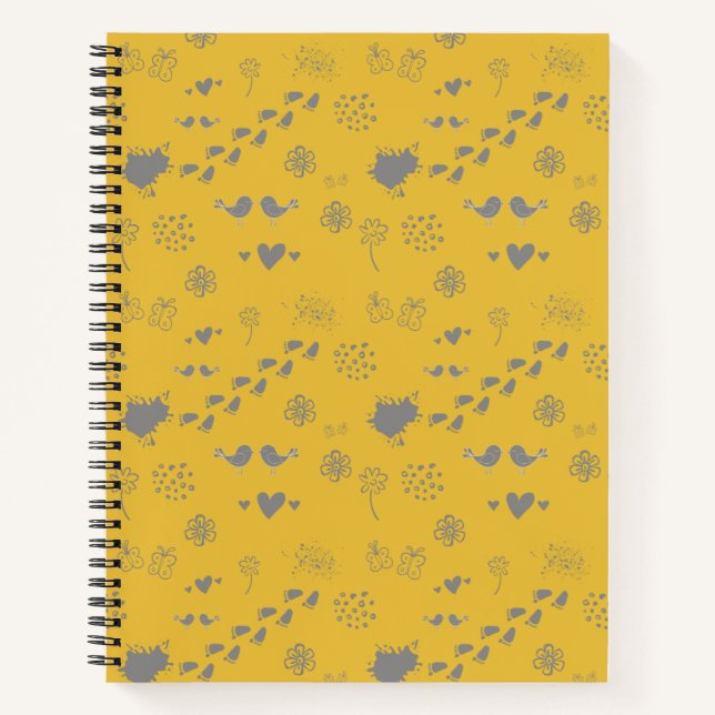 Cuaderno patrón amarillo y gris de aves, puntos, pasos, (Anverso)