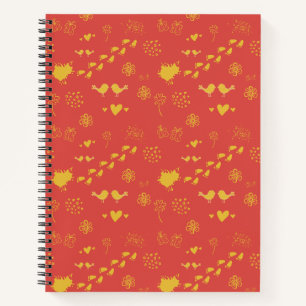 Cuaderno patrón amarillo y rojo de aves, puntos, pasos,
