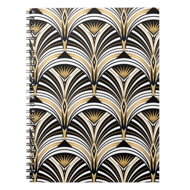 Cuaderno Patrón Art Decó. Retroceso blanco negro de oro vin (Frente)