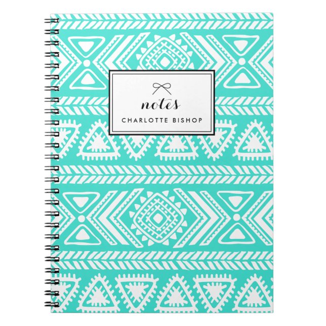 Cuaderno Patrón azteca tribal turquesa personalizado (Frente)