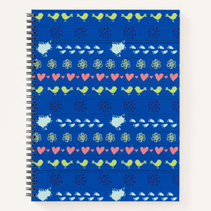 Cuaderno patrón azul de aves, puntos, pasos, flores,