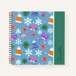 Cuaderno Patrón azul de Doodles de Invierno con Monograma