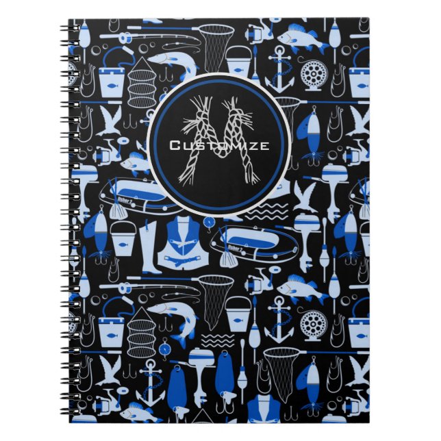 Cuaderno Patrón azul de pesca monogramada (Frente)
