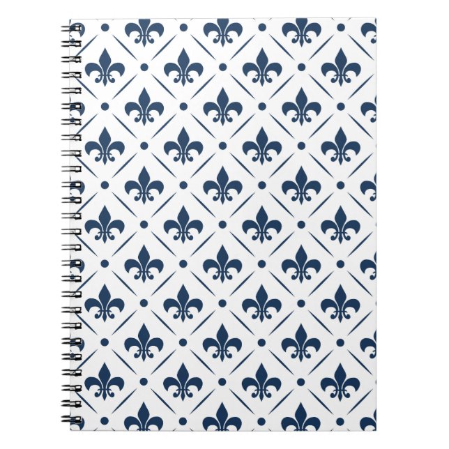 Cuaderno Patrón azul oscuro Fleur De Lis sobre fondo blanco (Frente)