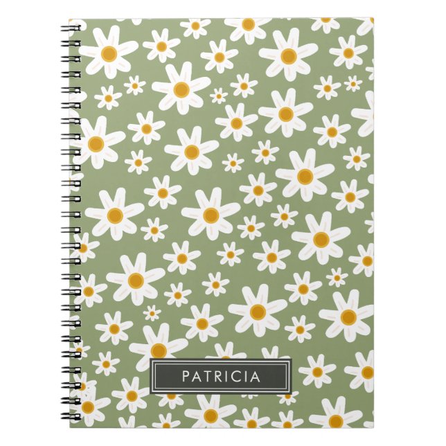 Cuaderno Patrón blanco de margarita florística patrón verde (Frente)