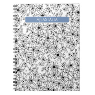 Cuaderno Patrón blanco floral dibujado a mano y nombre azul