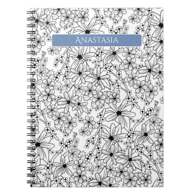 Cuaderno Patrón blanco floral dibujado a mano y nombre azul (Frente)