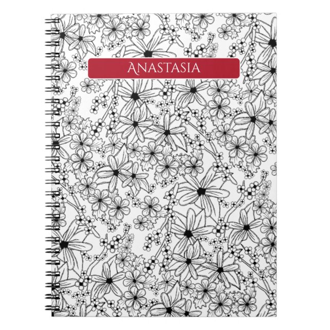 Cuaderno Patrón blanco floral dibujado a mano y nombre rojo (Frente)