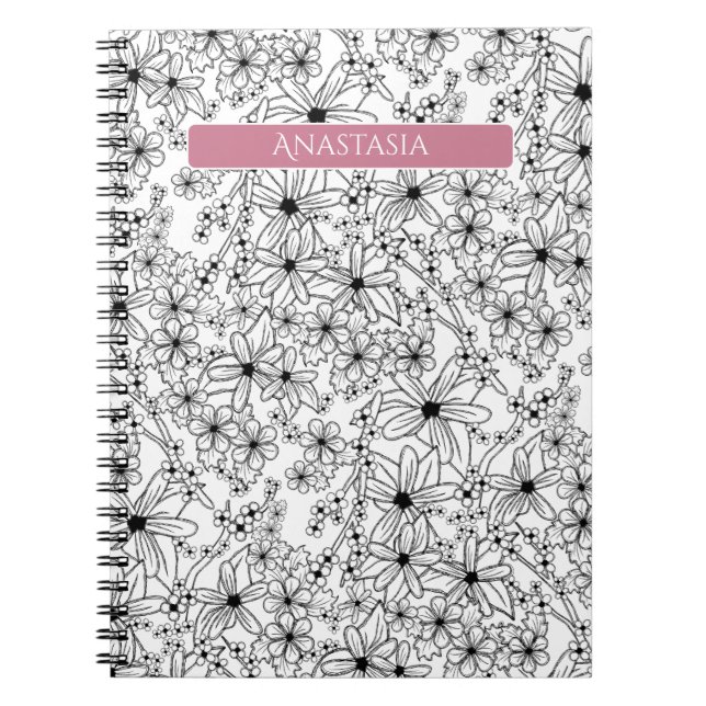 Cuaderno Patrón blanco floral dibujado a mano y nombre rosa (Frente)
