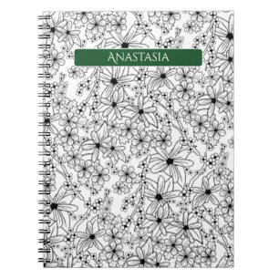 Cuaderno Patrón blanco floral dibujado a mano y nombre verd