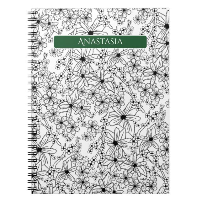 Cuaderno Patrón blanco floral dibujado a mano y nombre verd (Frente)