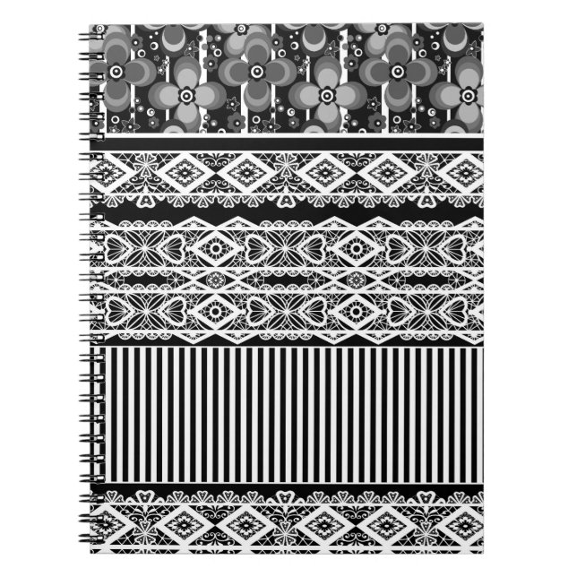 Cuaderno Patrón blanco y negro con encaje y trazo (Frente)