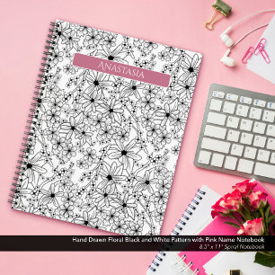 Cuaderno Patrón blanco y negro de color floral dibujado a m