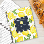 Cuaderno Patrón botánico de citrus limón personalizado<br><div class="desc">Este diseño de patrón de limón y un cuadrado azul marino en la parte delantera donde se puede personalizar con su nombre,  el propósito y el volumen si se desea.</div>