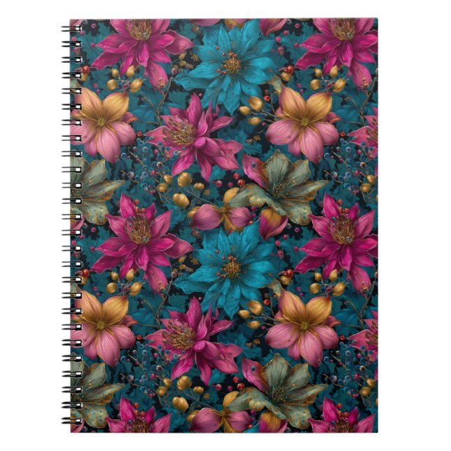 Cuaderno Patrón botánico de fantasía de Navidad vibrante (Frente)