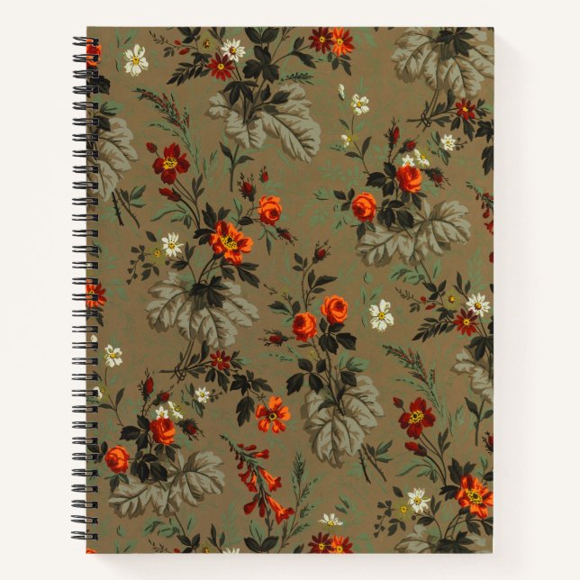 Cuaderno Patrón Botánico de Rosa Naranja Floral Oscuro Vint (Anverso)