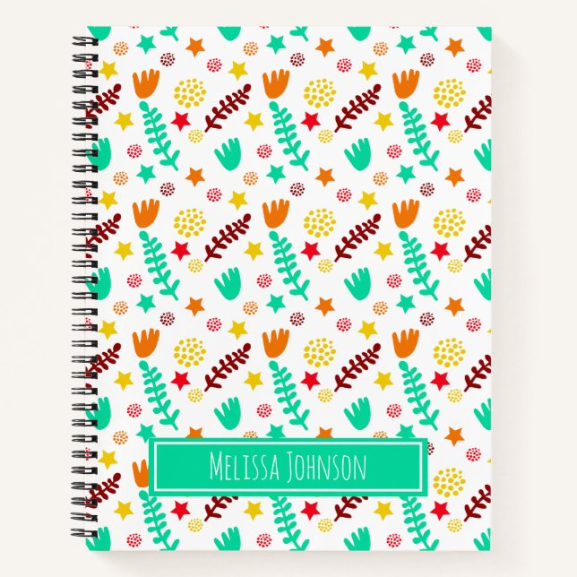 Cuaderno Patrón Botánico Divertido Blanco y Turquesa para N (Anverso)