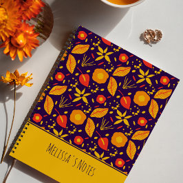 Cuaderno Patrón botánico personalizado morado y amarillo