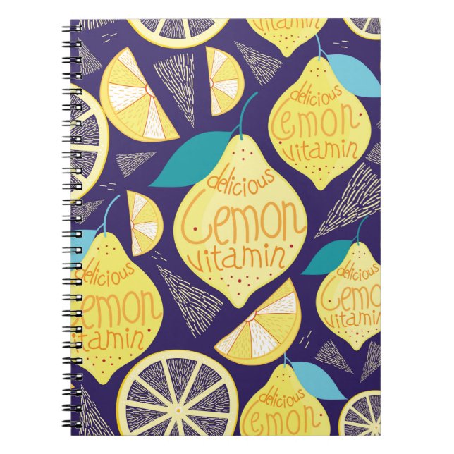 Cuaderno Patrón brillante de limones y clavos sobre un azul (Frente)