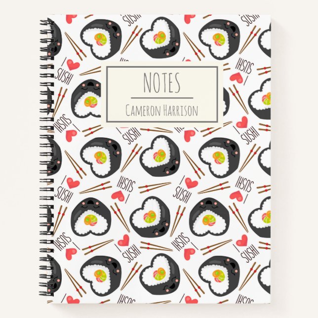 Cuaderno Patrón caprichoso de sushi kawaii personalizado (Anverso)