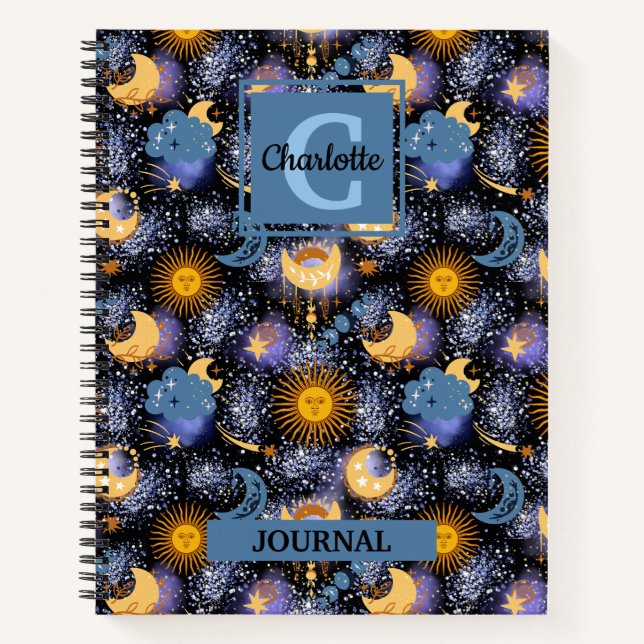 Cuaderno Patrón celeste mágico Sun Moons Stars Monograma (Anverso)