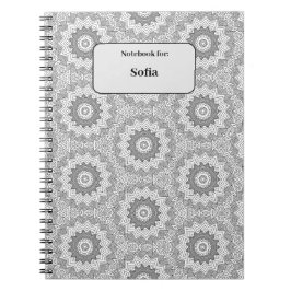 Cuaderno Patrón circular en blanco y negro con etiqueta de 