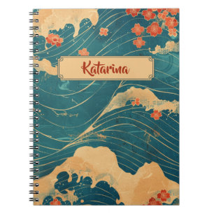 Cuaderno Patrón clásico de flores de cerezo de ola azul jap