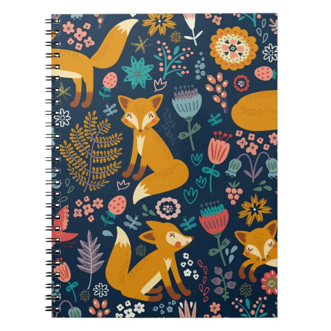 Cuaderno Patrón colorido con un foxfox,patrón,bosque,caída (Frente)