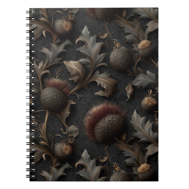 Cuaderno Patrón continuo botánico de cardo gótico oscuro (Frente)