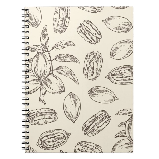 Cuaderno Patrón continuo con pacana: nueces y hojas de paca (Frente)