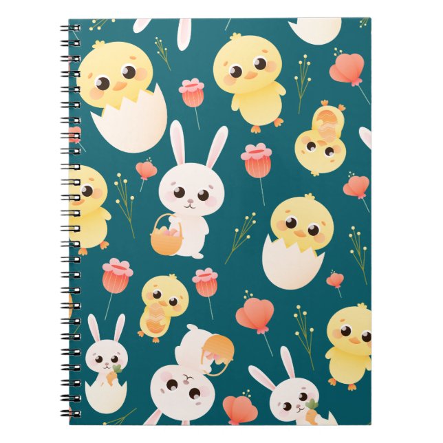 Cuaderno Patrón continuo de adorables conejos y pollitos de (Frente)