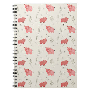 Cuaderno Patrón continuo de cerdos y flores en acuarela
