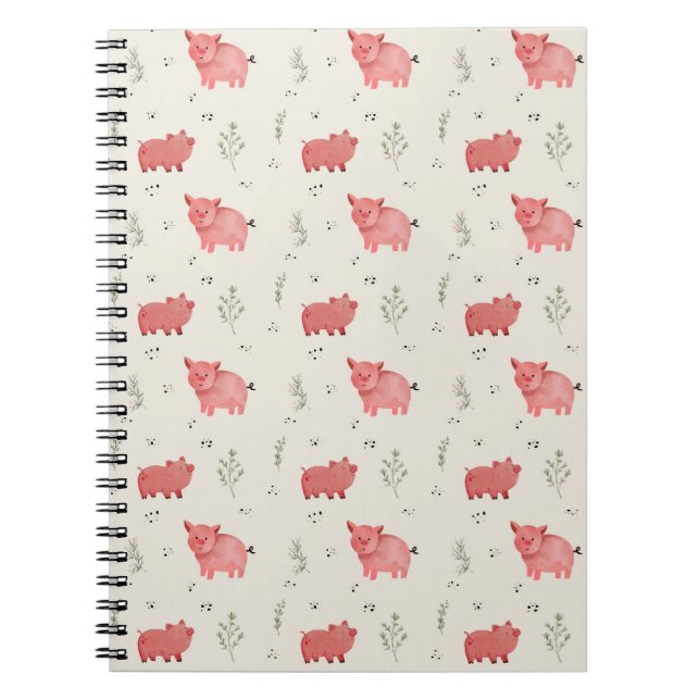 Cuaderno Patrón continuo de cerdos y flores en acuarela (Frente)