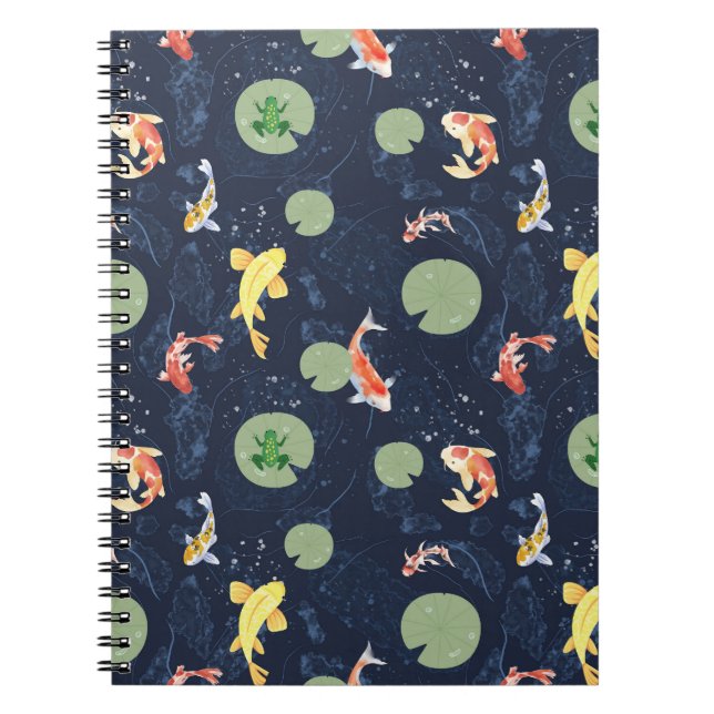 Cuaderno Patrón continuo de estanque de peces koi acuarela (Frente)