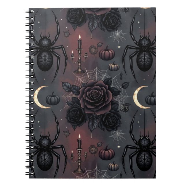 Cuaderno Patrón continuo de Halloween gótico oscuro: Arañas (Frente)