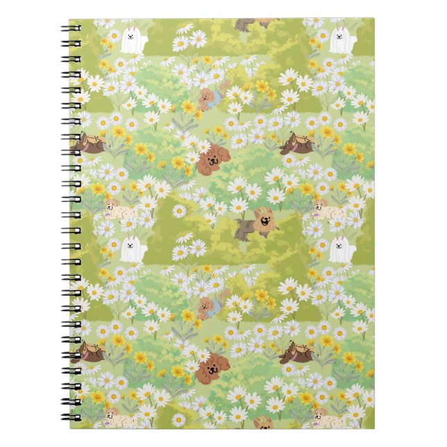 Cuaderno Patrón continuo de perros lindos con flores margar (Frente)