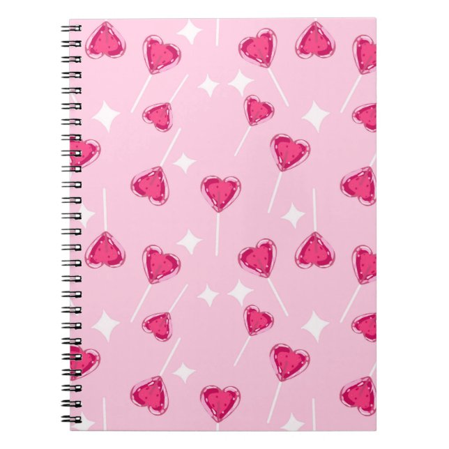 Cuaderno Patrón continuo de piruleta de corazón rosa lindo (Frente)