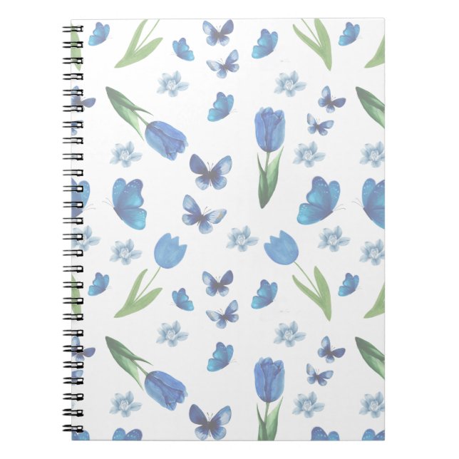 Cuaderno Patrón continuo de tulipán azul y mariposa (Frente)