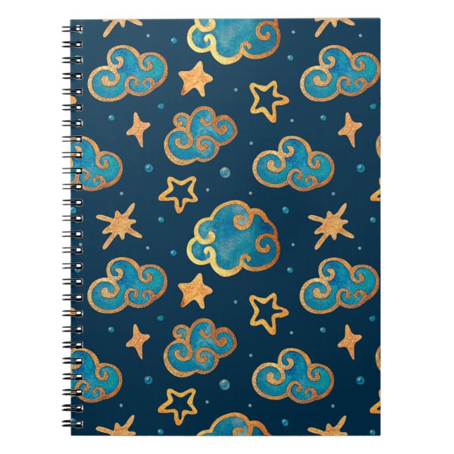 Cuaderno Patrón continuo en acuarela con la luna, estrellas (Frente)